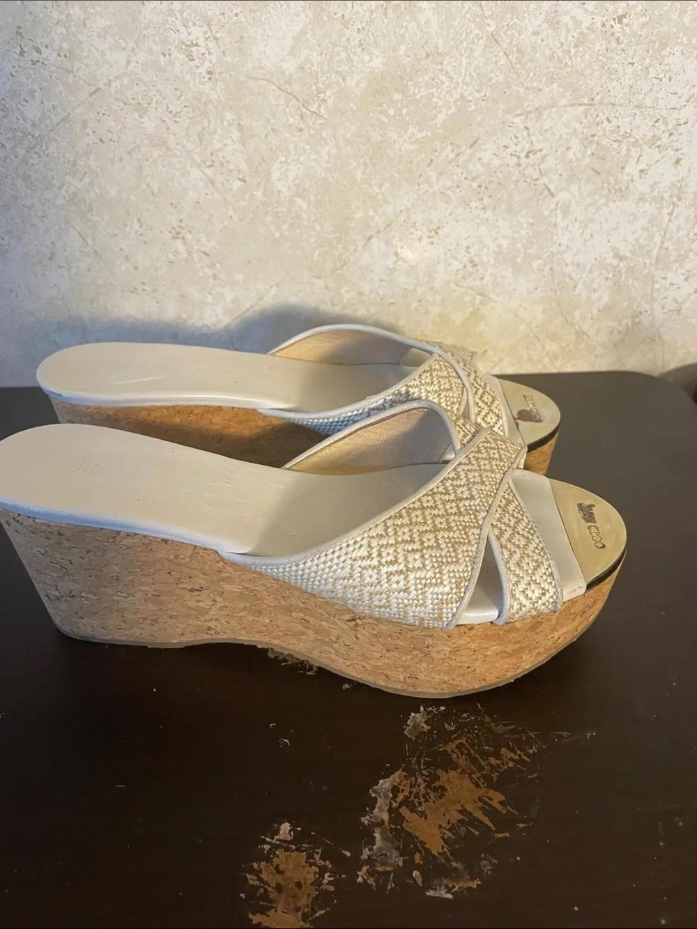 Jimmy Choo Cream Woven Cork Platform Wedge Sandals